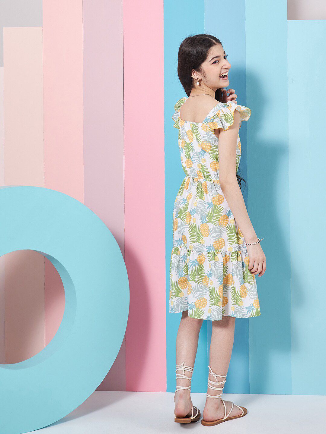 pspeaches Girls Floral Print Square Neck Flutter Sleeves Fit & Flare Dress