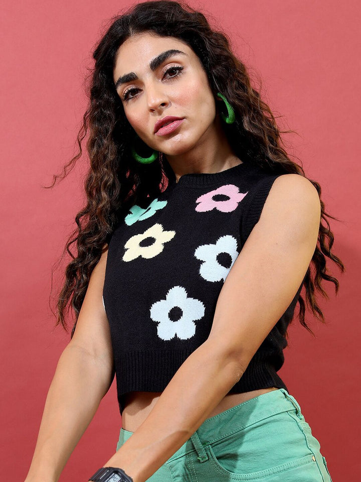 Tokyo Talkies Women Black & Green Jacquard Acrylic Crop Pullover