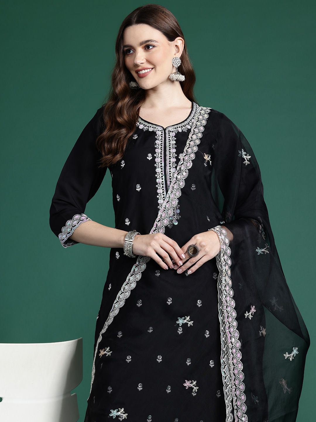Indo Era Ethnic Motifs Embroidered Sequinned Kurta with Trousers & With Dupatta