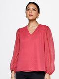 AND Self Design V-Neck Puff Sleeves Top