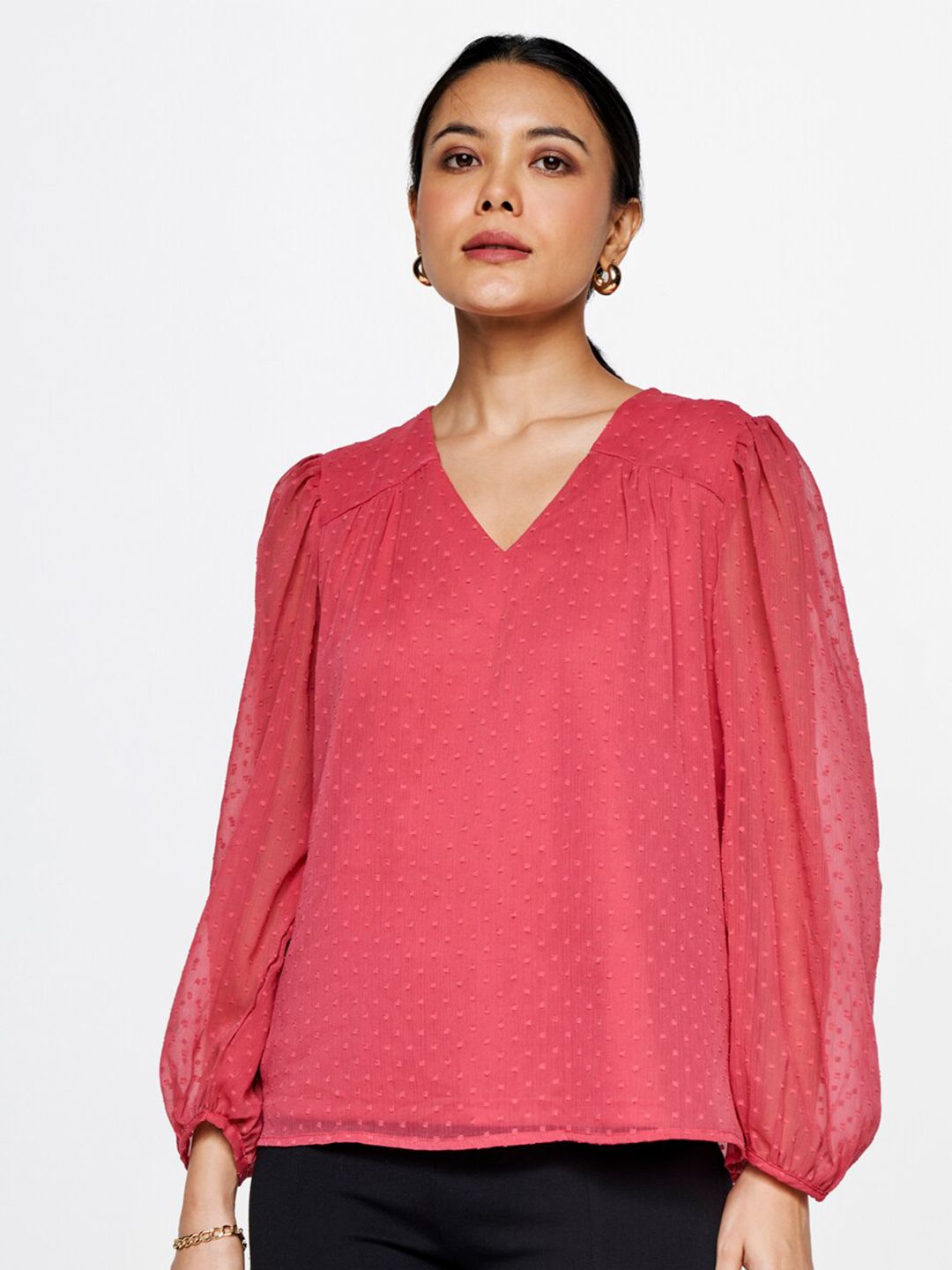 AND Self Design V-Neck Puff Sleeves Top