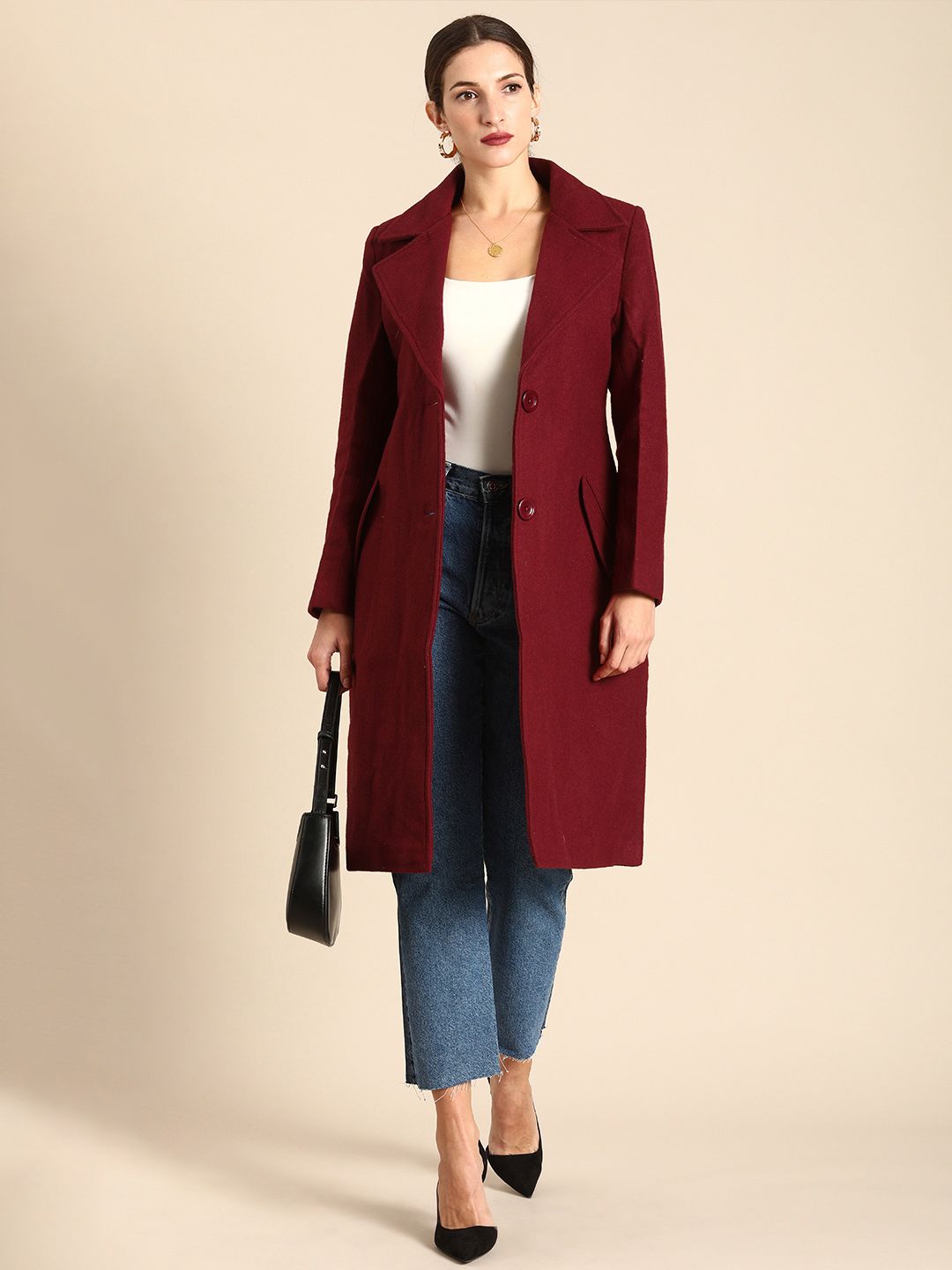 all about you Women Maroon Notched Lapel Single-Breasted Trench Coat
