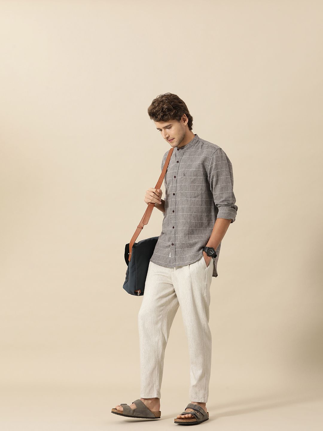 Mr Bowerbird Men Grey Tailored Fit Horizontal Stripes Casual Shirt