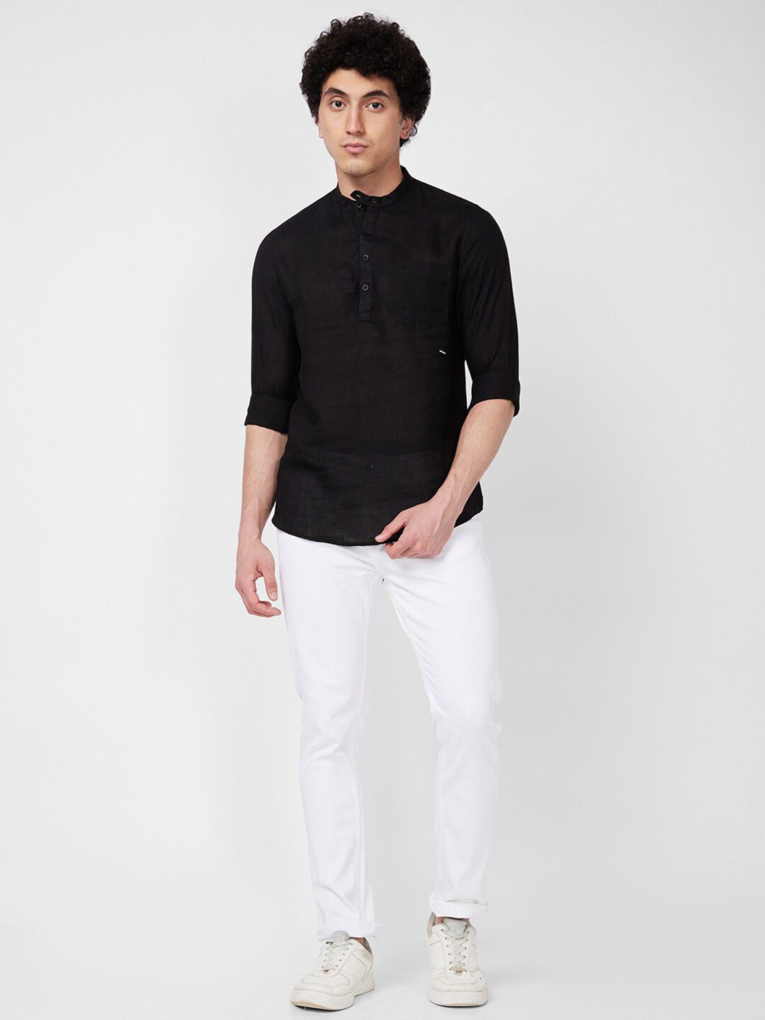 SPYKAR Mandarin Collar Opaque Linen Casual Shirt
