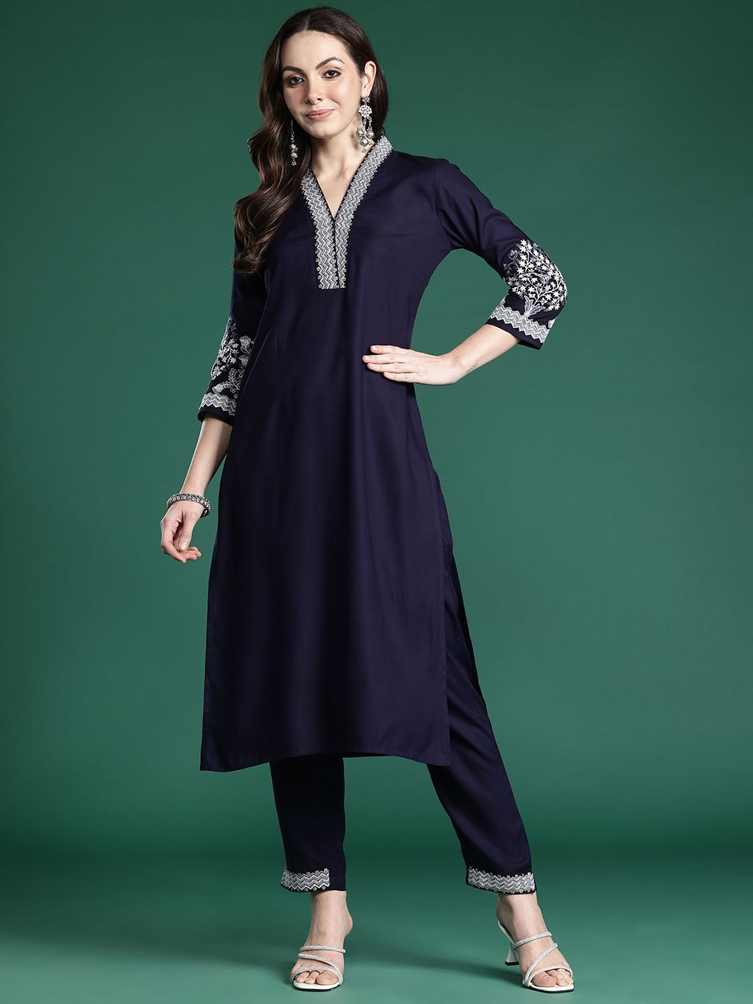 Indo Era Floral Embroidered Sequinned Kurta with Trousers