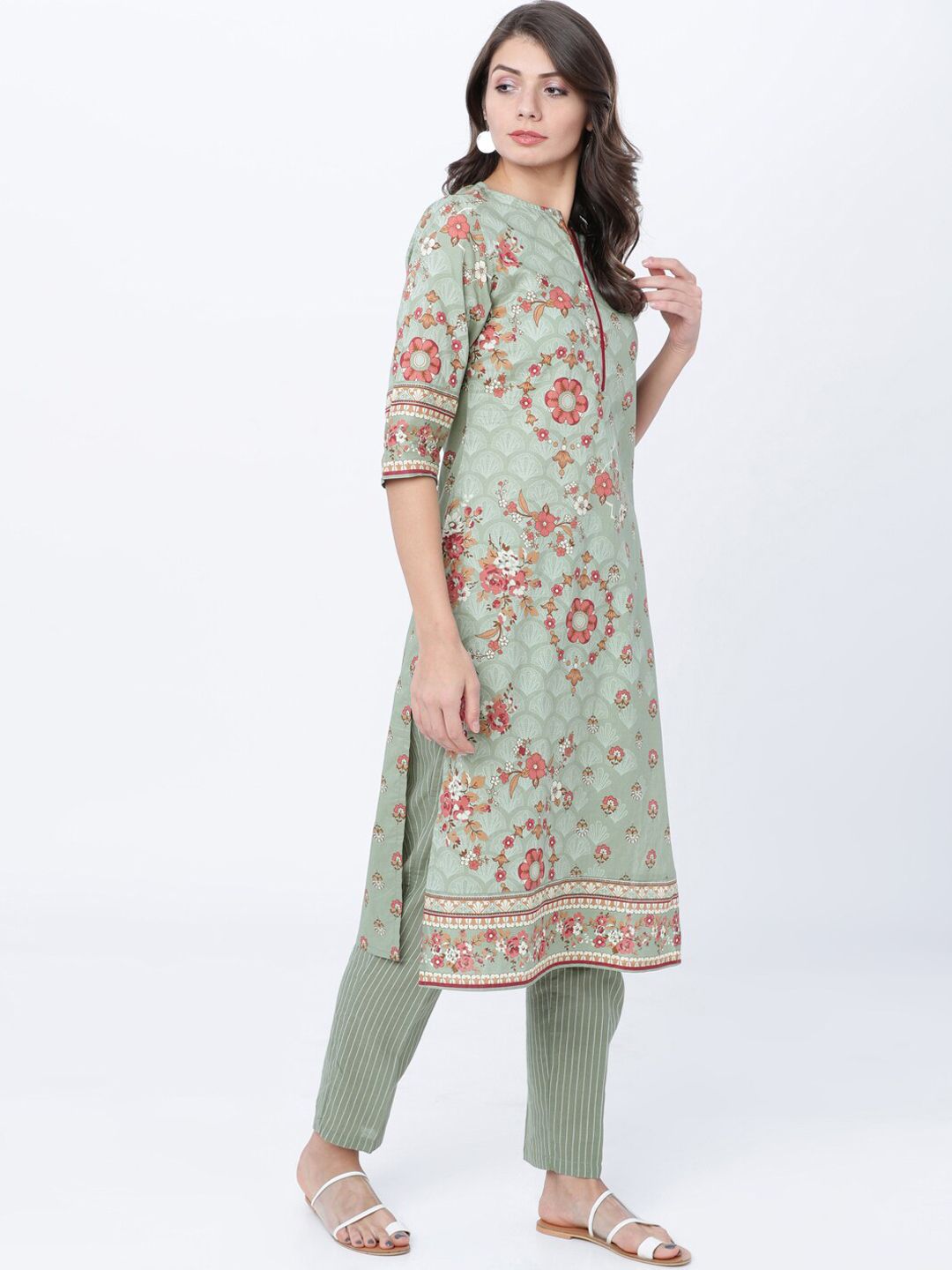 Vishudh Women Olive Green & Pink Printed Straight Kurta