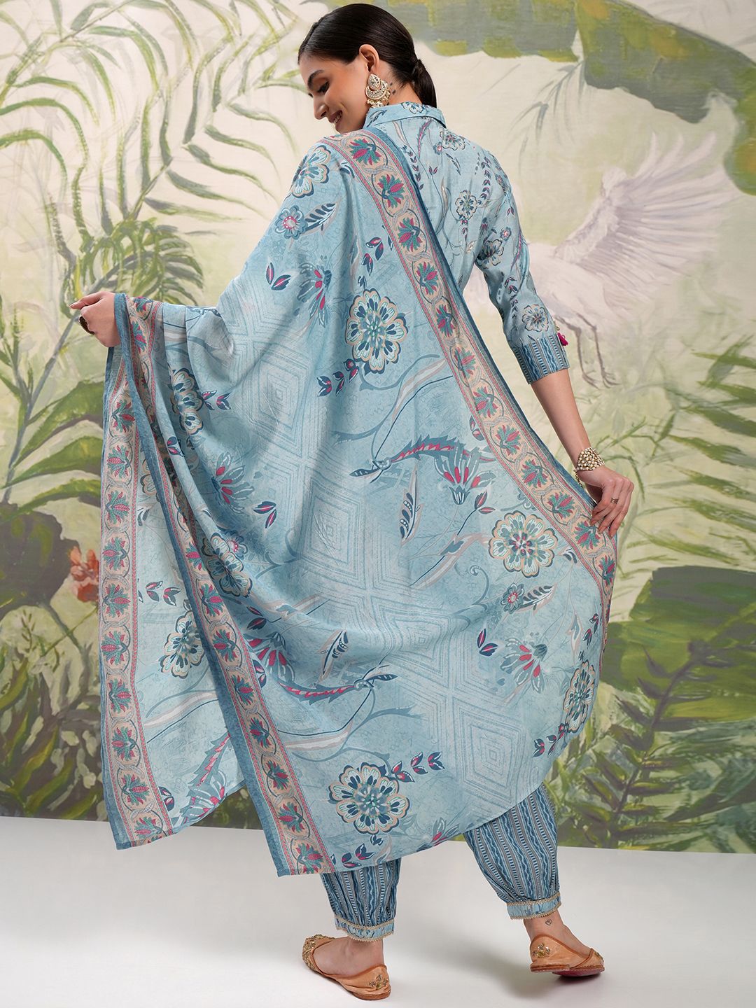 Vishudh Blue Floral Printed Shirt Collar Thread Work Straight Kurta With Salwar & Dupatta