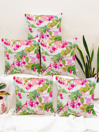 STITCHNEST Green & Pink Set of 5 Floral Square Cushion Covers