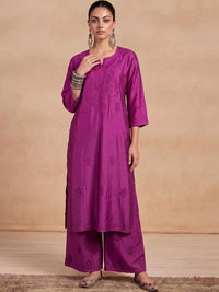 House of Chikankari Women Ethnic Motifs Embroidered Regular Thread Work Chanderi Silk Kurta with Palazzos