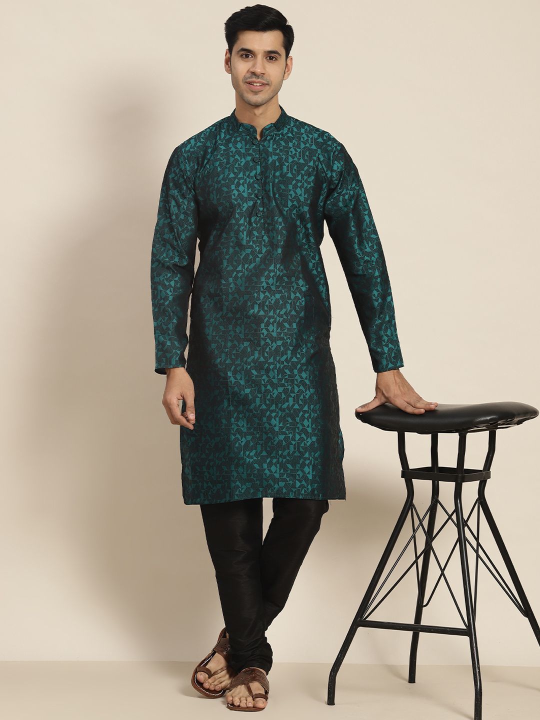 SOJANYA Men Teal Green & Black Jacquard Kurta