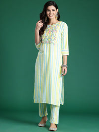 Indo Era Women Striped Regular Thread Work Pure Cotton Kurta with Trousers