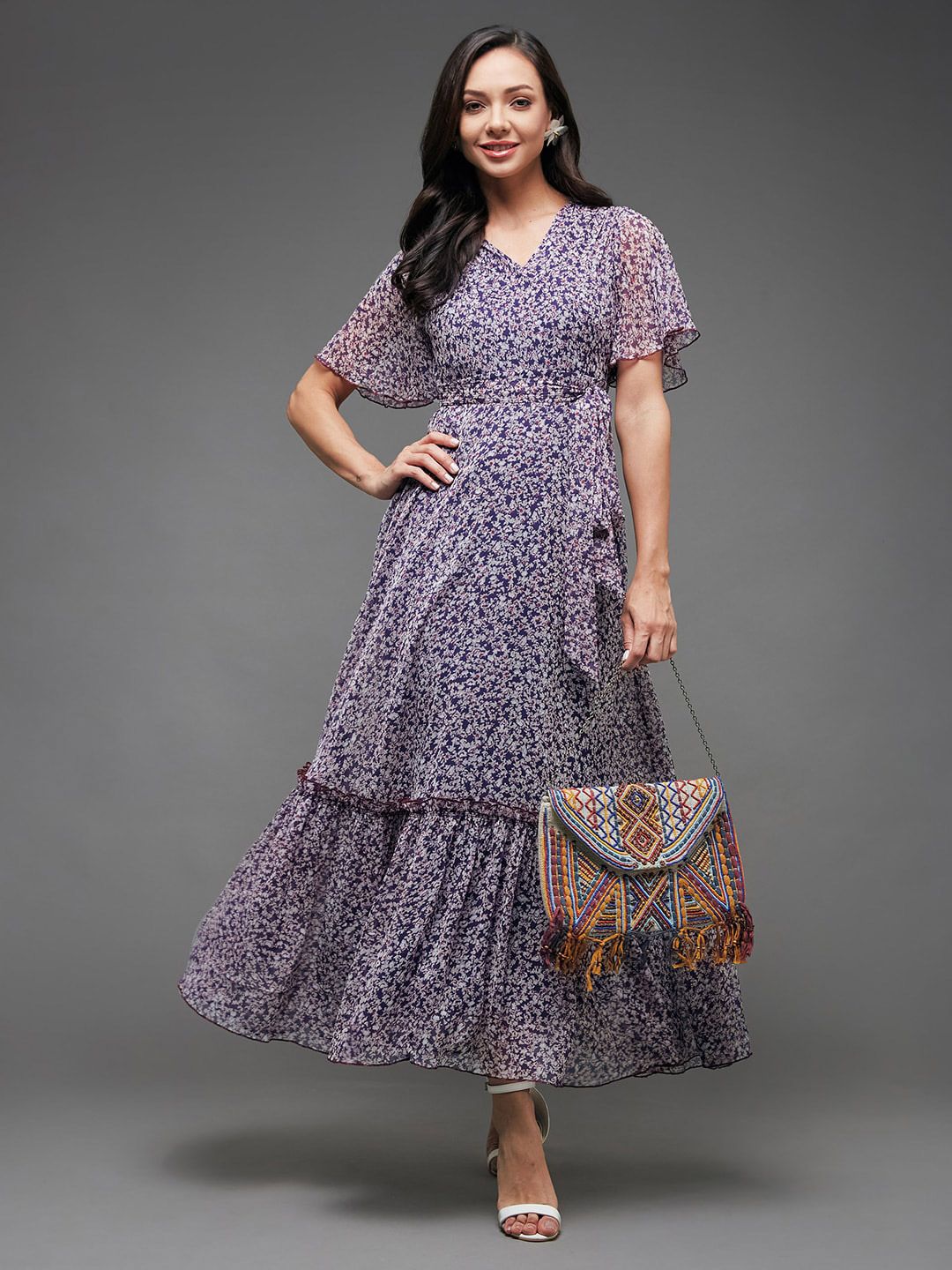 Miss Chase Floral Printed Flared Sleeve Maxi Dress