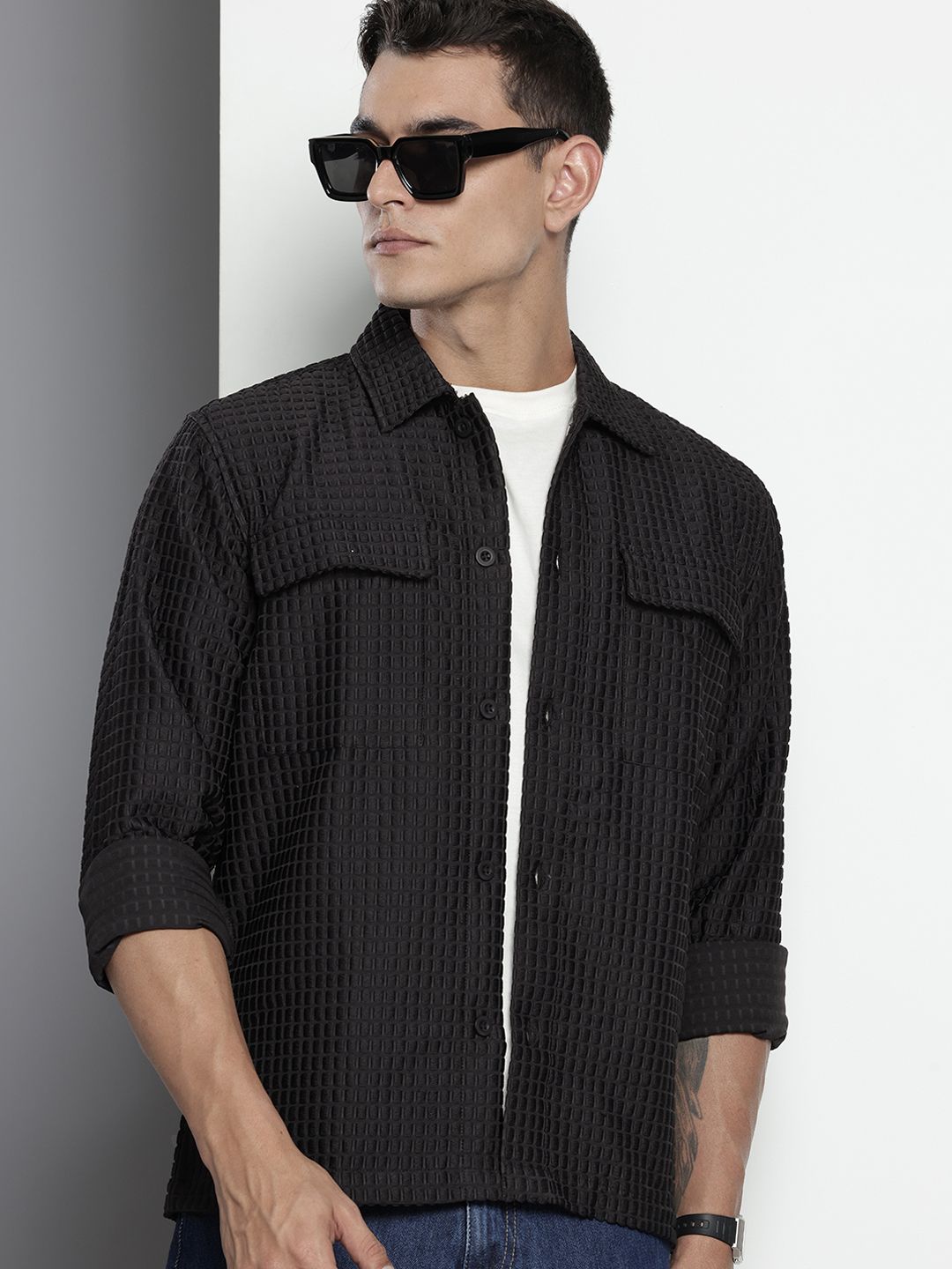 The Indian Garage Co Self Design Textured Casual Shirt