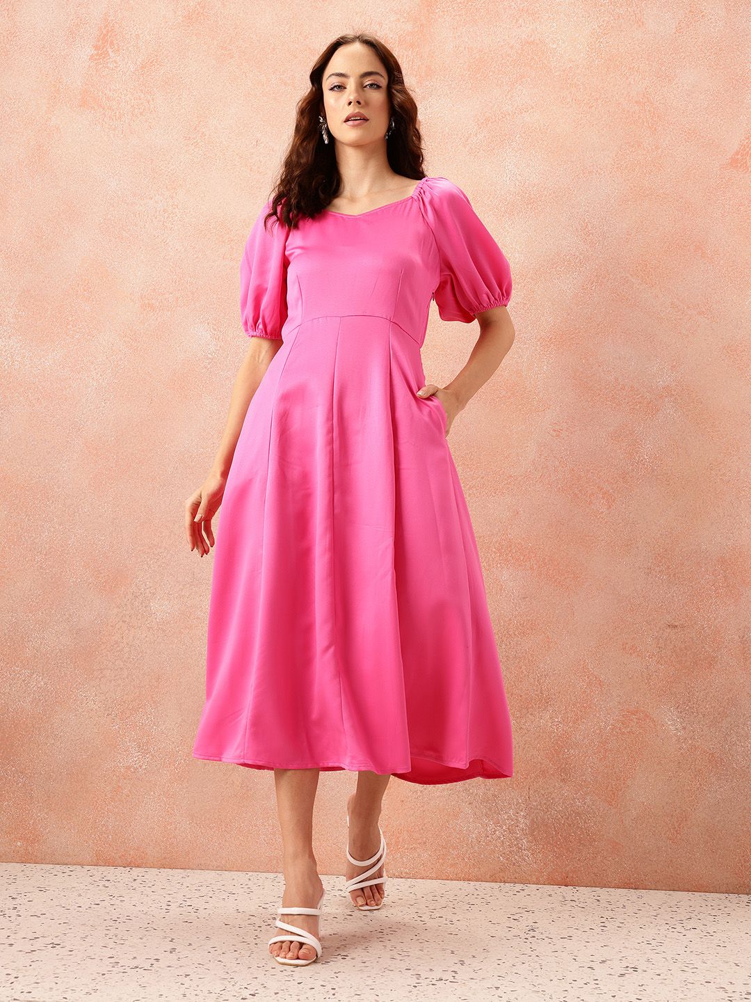 all about you Sweetheart Neck Puff Sleeves Satin Fit & Flare Midi Dress