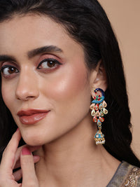 PANASH Gold- Plated Artificial Stones Studded And Beaded Peacock Shaped Drop Earrings