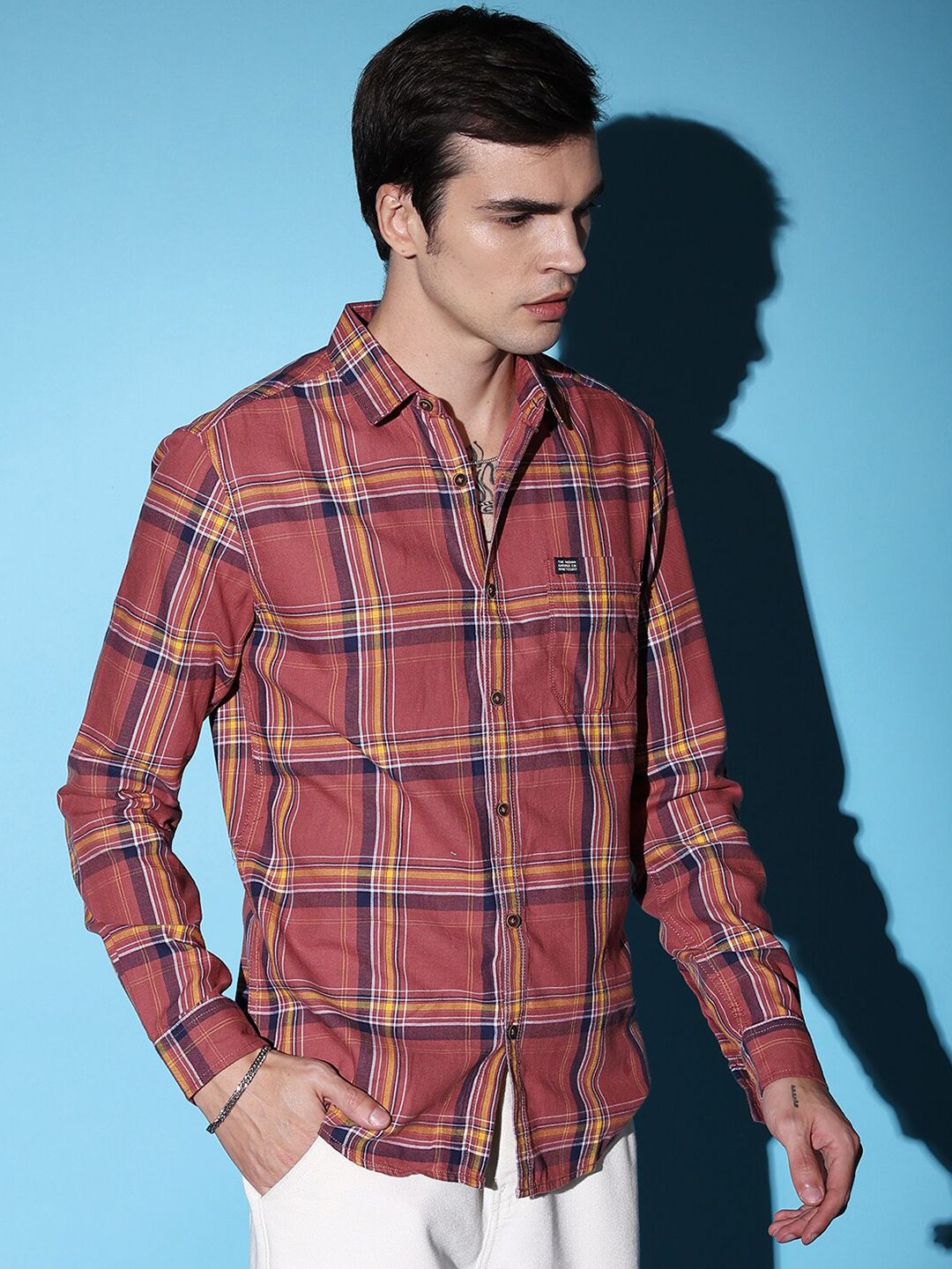 The Indian Garage Co Rust-Coloured Slim Fit Tartan Checked Cotton Casual Shirt