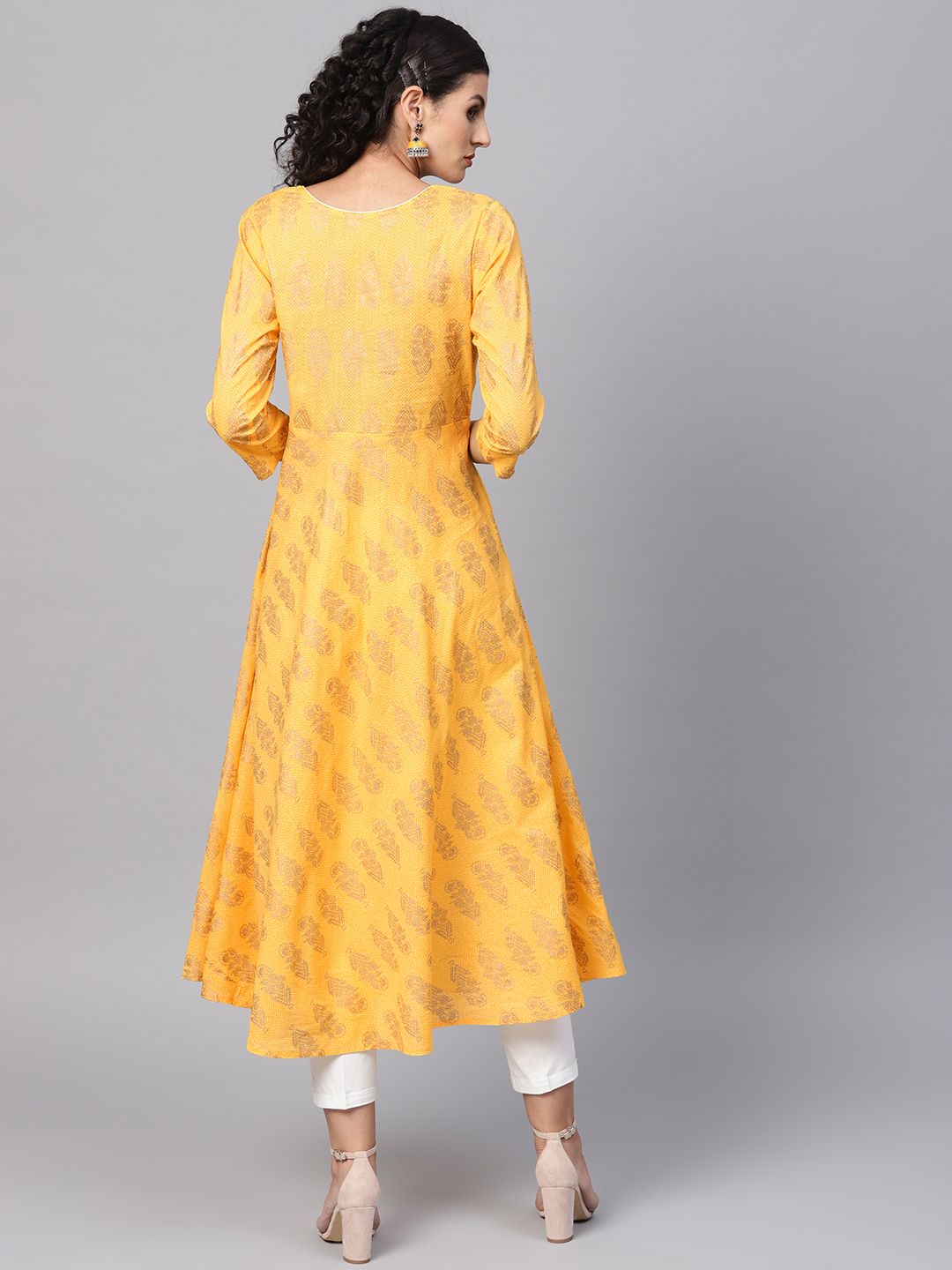 SOJANYA Kurta Anarkali Cetakan Kuning & Emas Wanita
