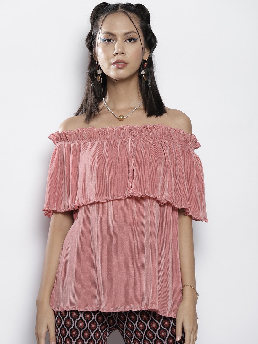 SASSAFRAS Pink Off-Shoulder Layered Bardot Top