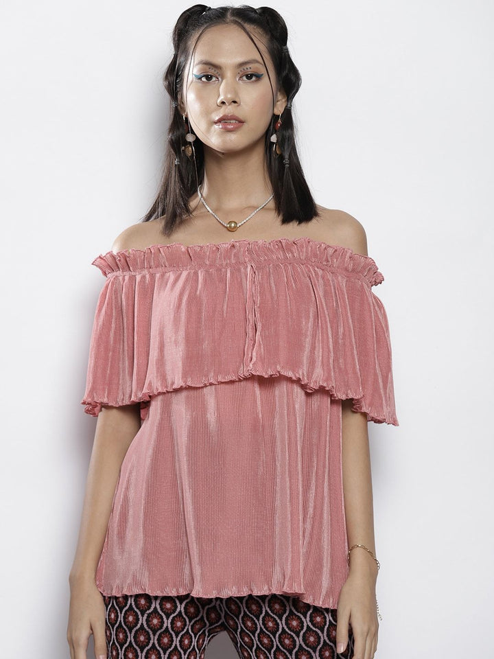 SASSAFRAS Pink Off-Shoulder Layered Bardot Top