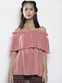 SASSAFRAS Pink Off-Shoulder Layered Bardot Top