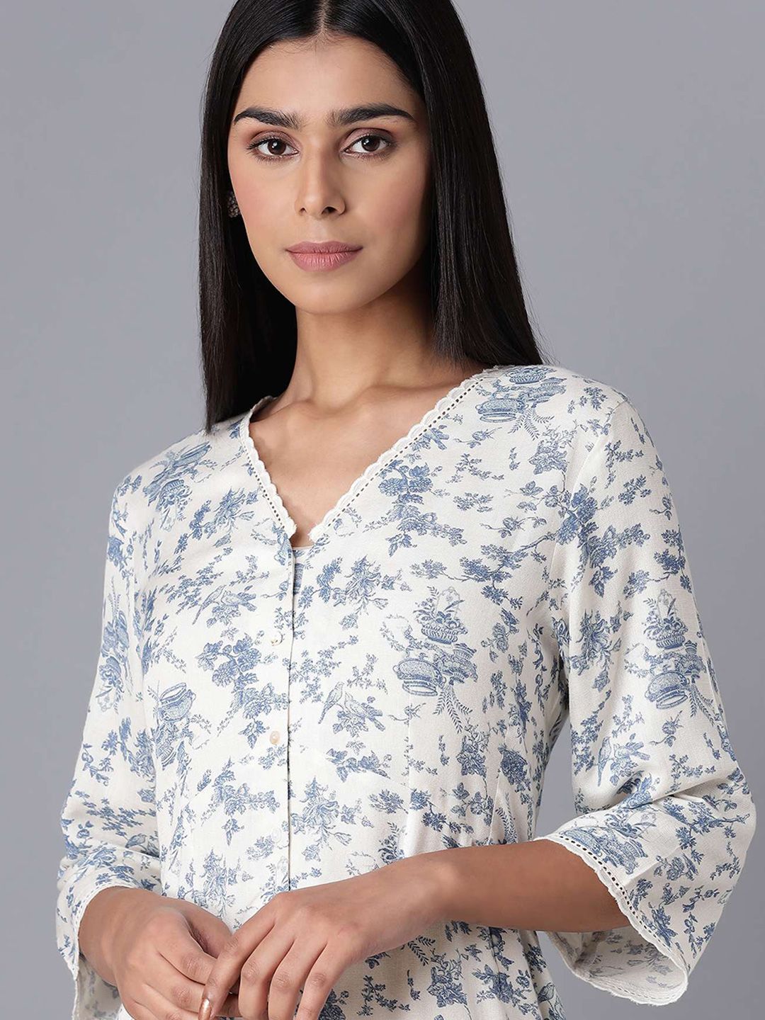 W Women White & Blue Floral A-Line Midi Dress