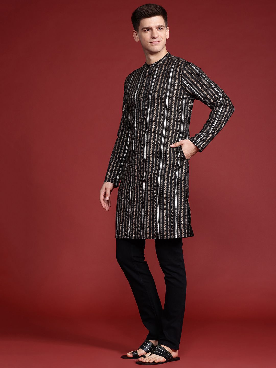 Anouk Foil Print Band Collar Kurta