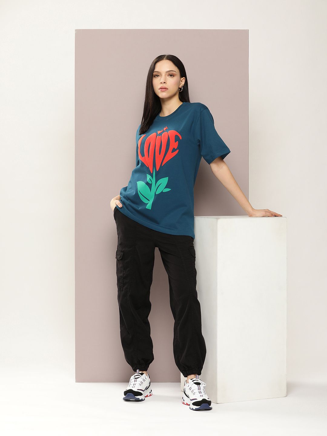 DILLINGER Women Graphic Printed Embossed Oversized T-shirt