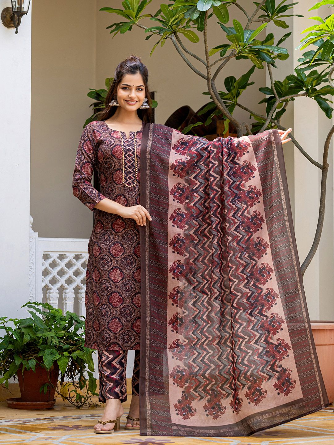 KALINI Geometric Printed Notch Neck Kurta With Trousers & Dupatta
