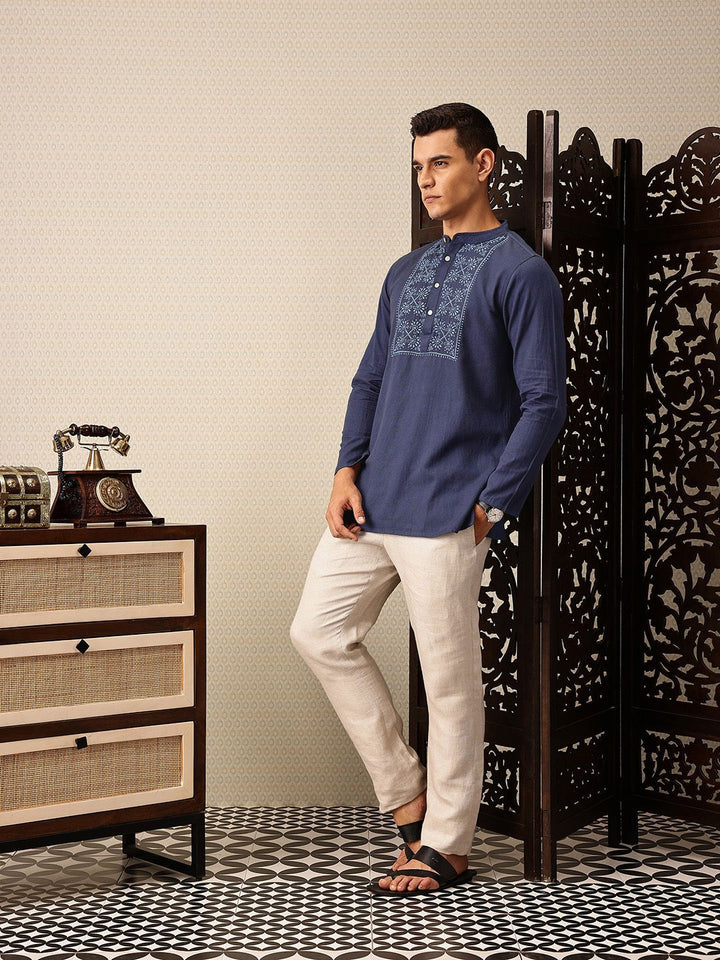 House of Pataudi Floral Embroidered Band Collar Thread Work Cotton Linen Jashn Kurta