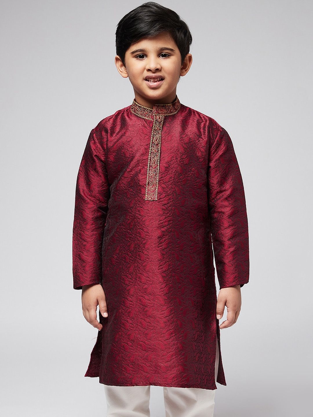 SOJANYA Boys Maroon Ethnic Motifs Thread Work Kurta