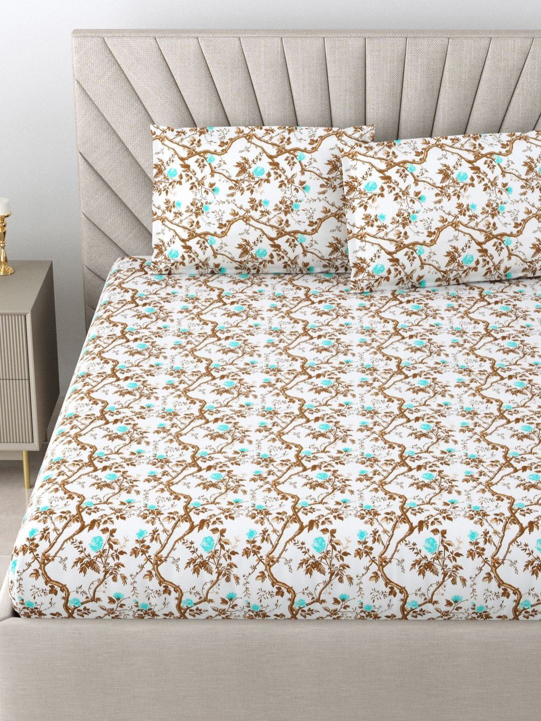 BOMBAY DYEING Brown & Blue Floral Pure Cotton 144 TC Queen Bedsheet Set 2.28 x 2.54 Mts