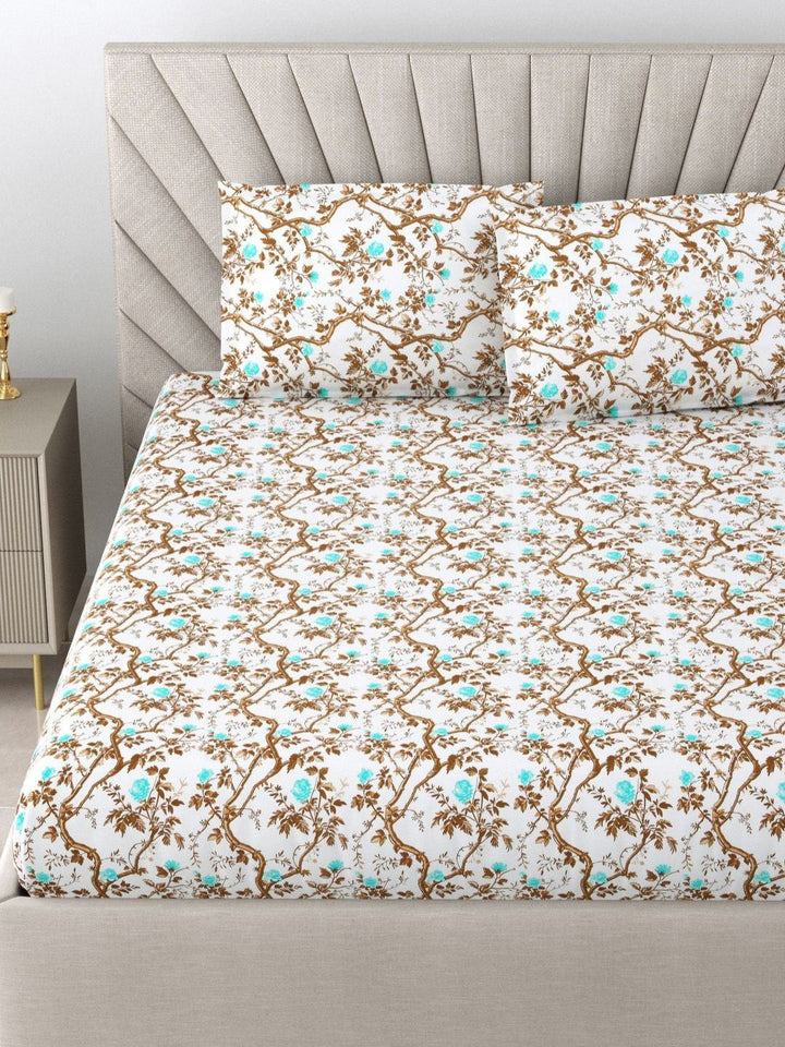 BOMBAY DYEING Brown & Blue Floral Pure Cotton 144 TC Queen Bedsheet Set 2.28 x 2.54 Mts