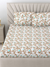 BOMBAY DYEING Brown & Blue Floral Pure Cotton 144 TC Queen Bedsheet Set 2.28 x 2.54 Mts