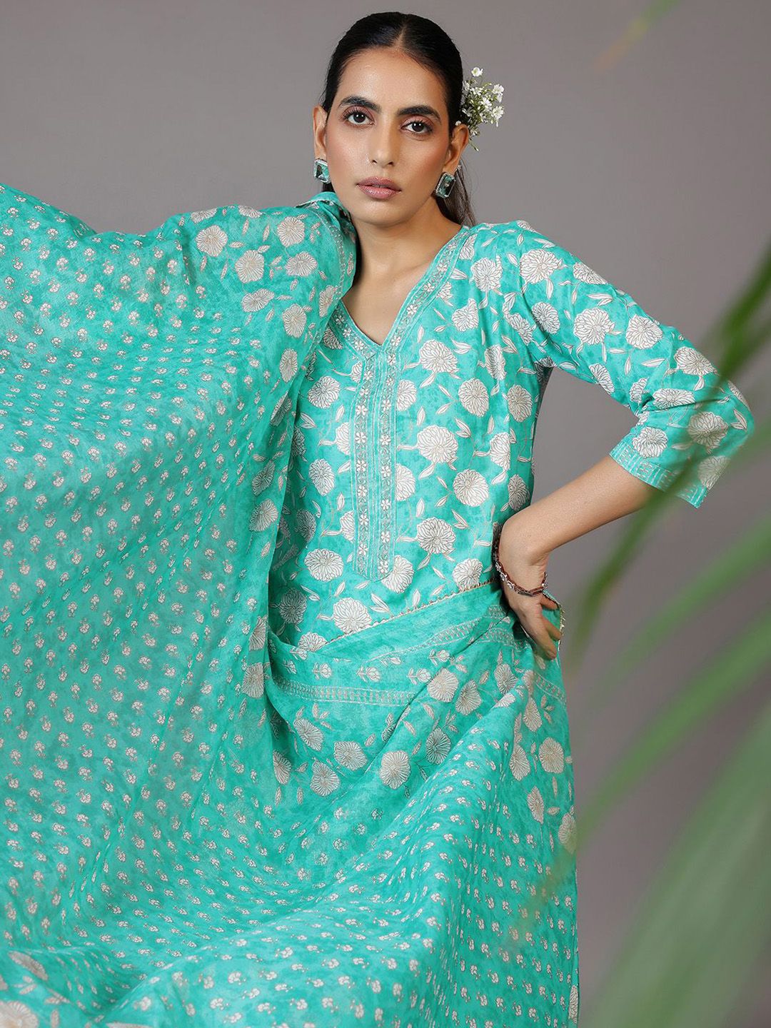 Libas Floral Printed V-Neck Thread Work Kurta With Trousers & Dupatta