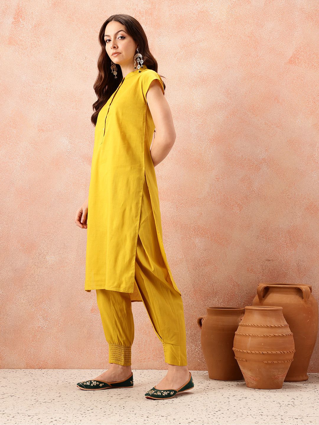 all about you Pathani Style Pure Cotton Extended Sleeve Kurta with Smock Cuffed Salwar