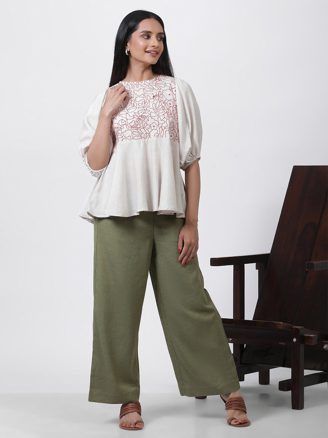 W Embroidered Puffed Sleeves A-Line Top