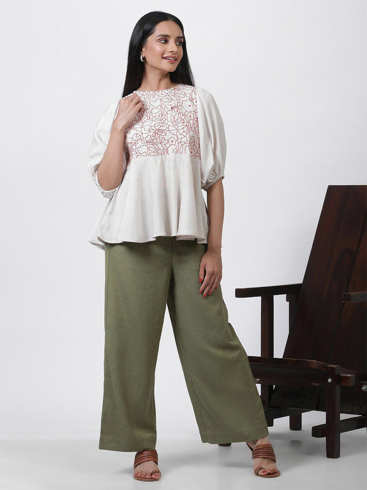 W Embroidered Puffed Sleeves A-Line Top