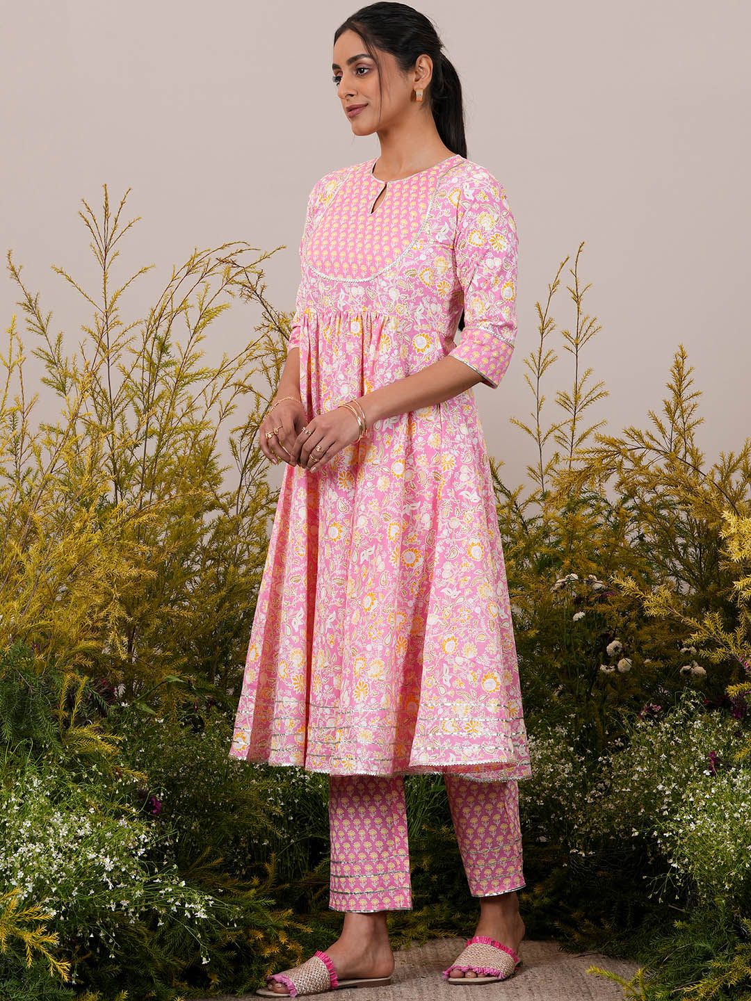 Libas Floral Yoke Design Pleated Gotta Patti Pure Cotton Kurta with Trousers & Dupatta