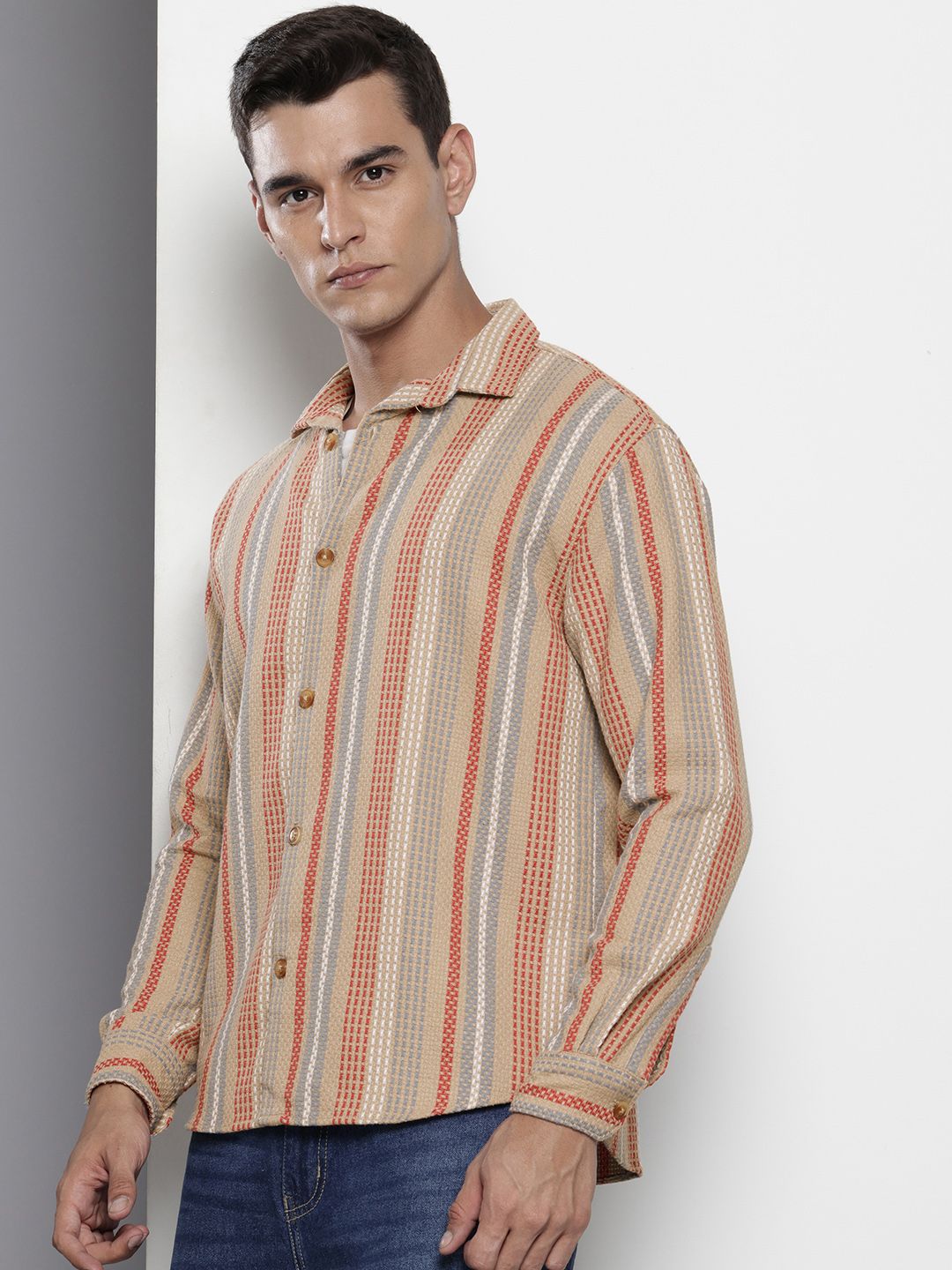 The Indian Garage Co Pure Cotton Striped Drop-Shoulder Sleeves Relaxed Casual Shirt