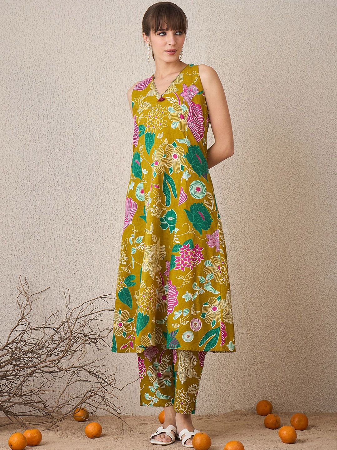 Indo Era Floral Printed V-Neck Pure Cotton A-Line Tunic With Trouser