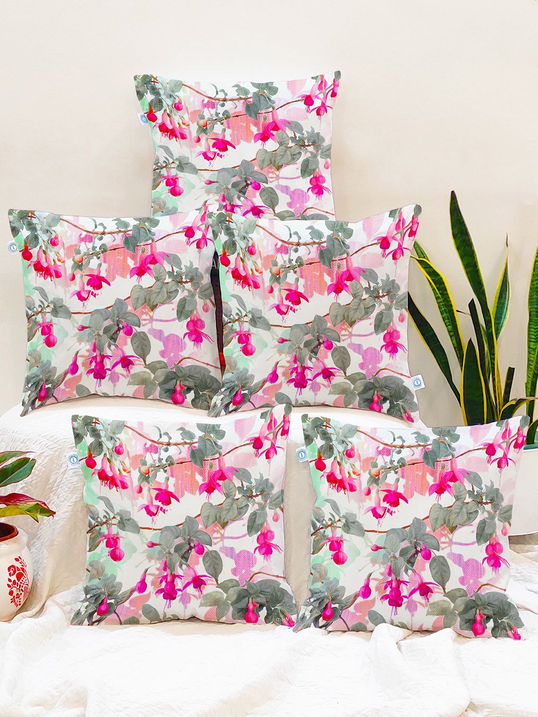 STITCHNEST Green & Pink Set of 5 Floral Square Cushion Covers