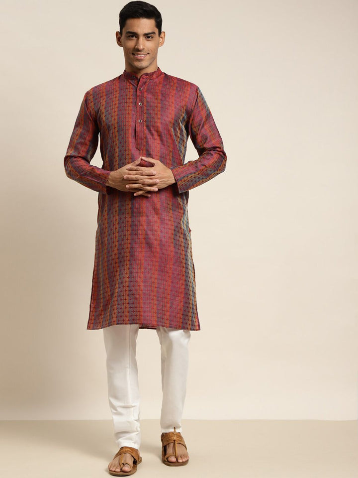 SOJANYA Kurta Berjalur Bunga Merah , Biru & Oren Lelaki