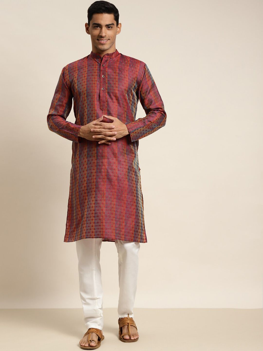 SOJANYA Kurta Berjalur Bunga Merah , Biru & Oren Lelaki