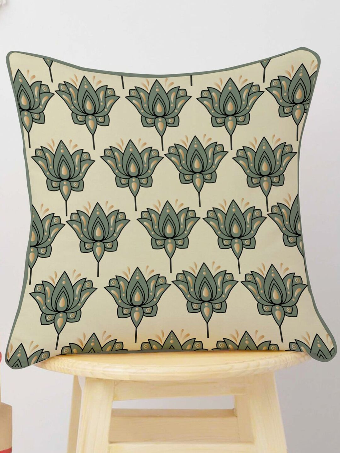 STITCHNEST Cream & Olive Green Set of 5 Ethnic Motifs Velvet Square Cushion Covers