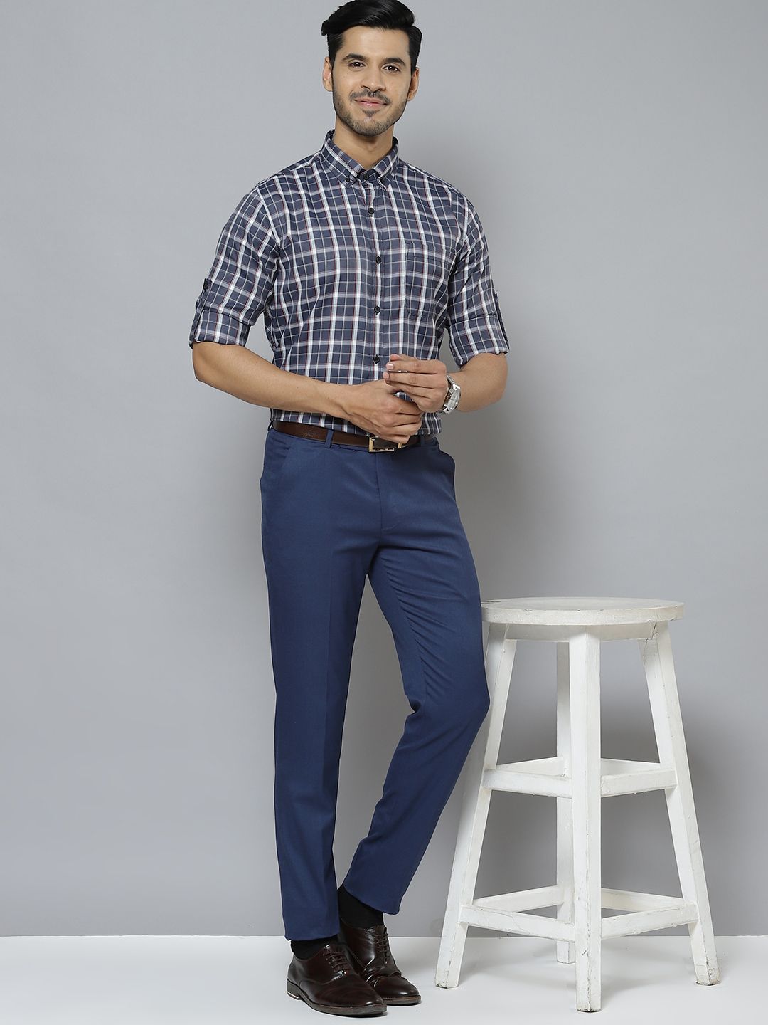 DENNISON Men Grey & White Pure Cotton Smart Slim Fit Tartan Checks Checked Formal Shirt