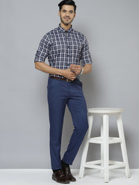 DENNISON Men Grey & White Pure Cotton Smart Slim Fit Tartan Checks Checked Formal Shirt
