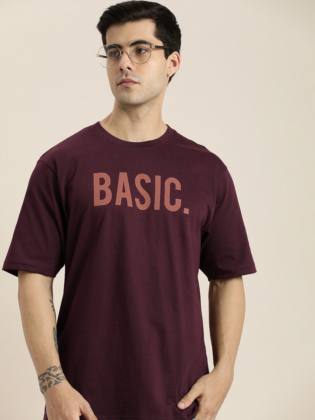 DILLINGER Men Maroon Typography Printed Pure Cotton Loose Oversized T-shirt