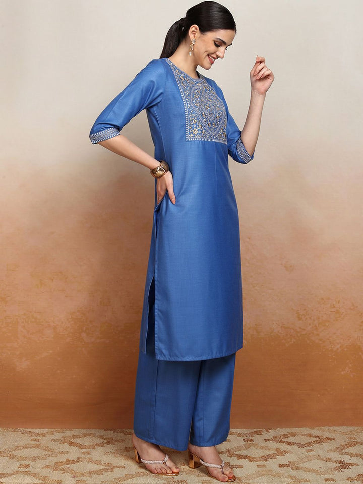 Vishudh Embroidered Straight Kurta With Palazzo & Dupatta