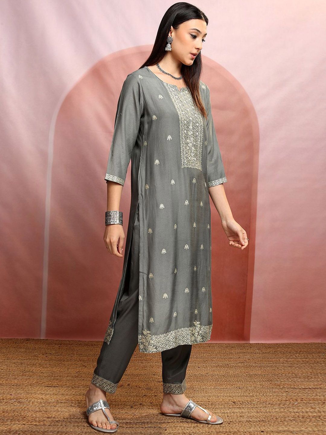 Vishudh Ethnic Motifs Embroidered Straight Pure Cotton Kurta & Trousers With Dupatta