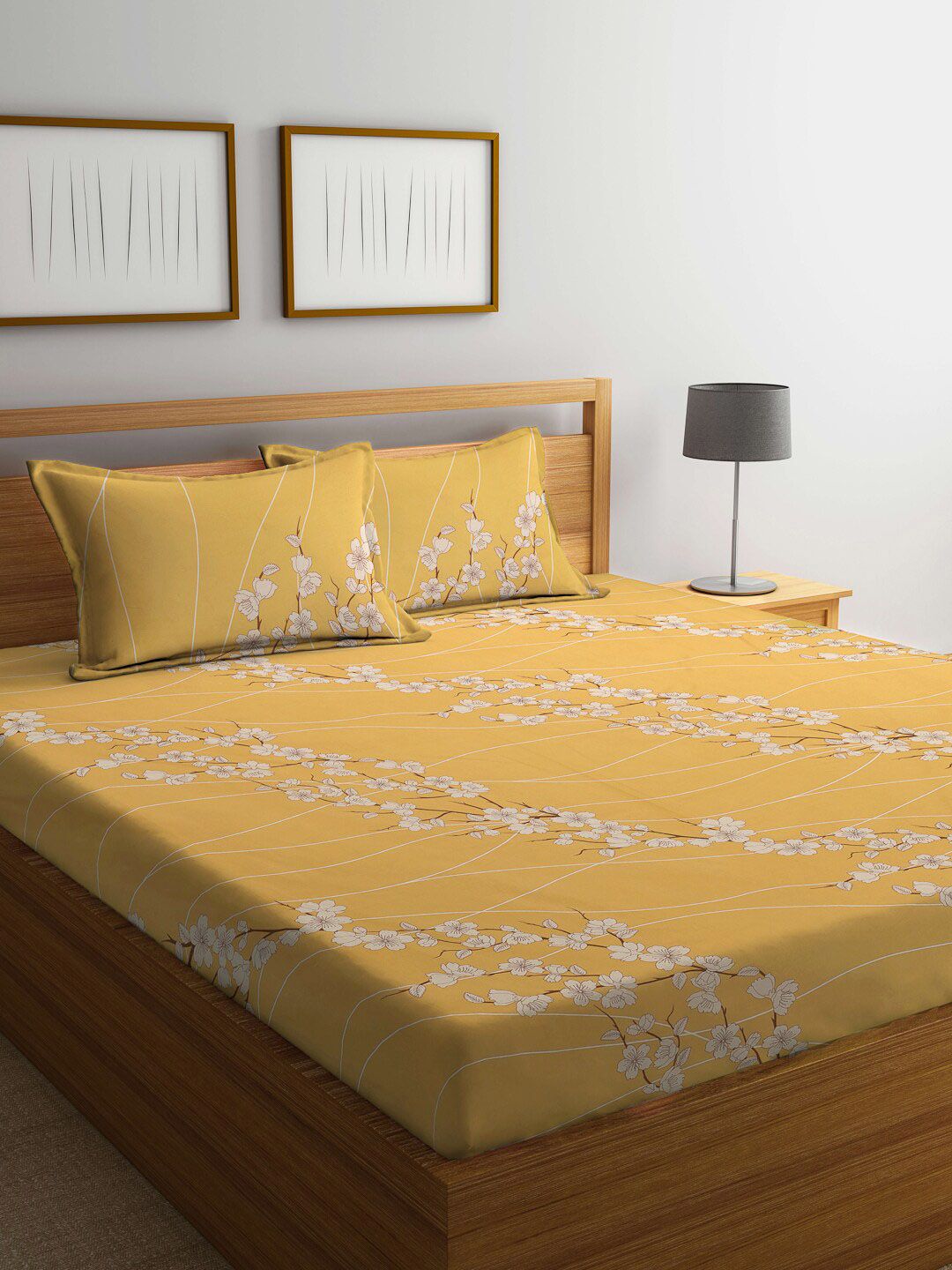 KLOTTHE Bercetak Bunga Kuning Dilengkapi 400 TC Kapas Cadar King & 2 Sarung Bantal